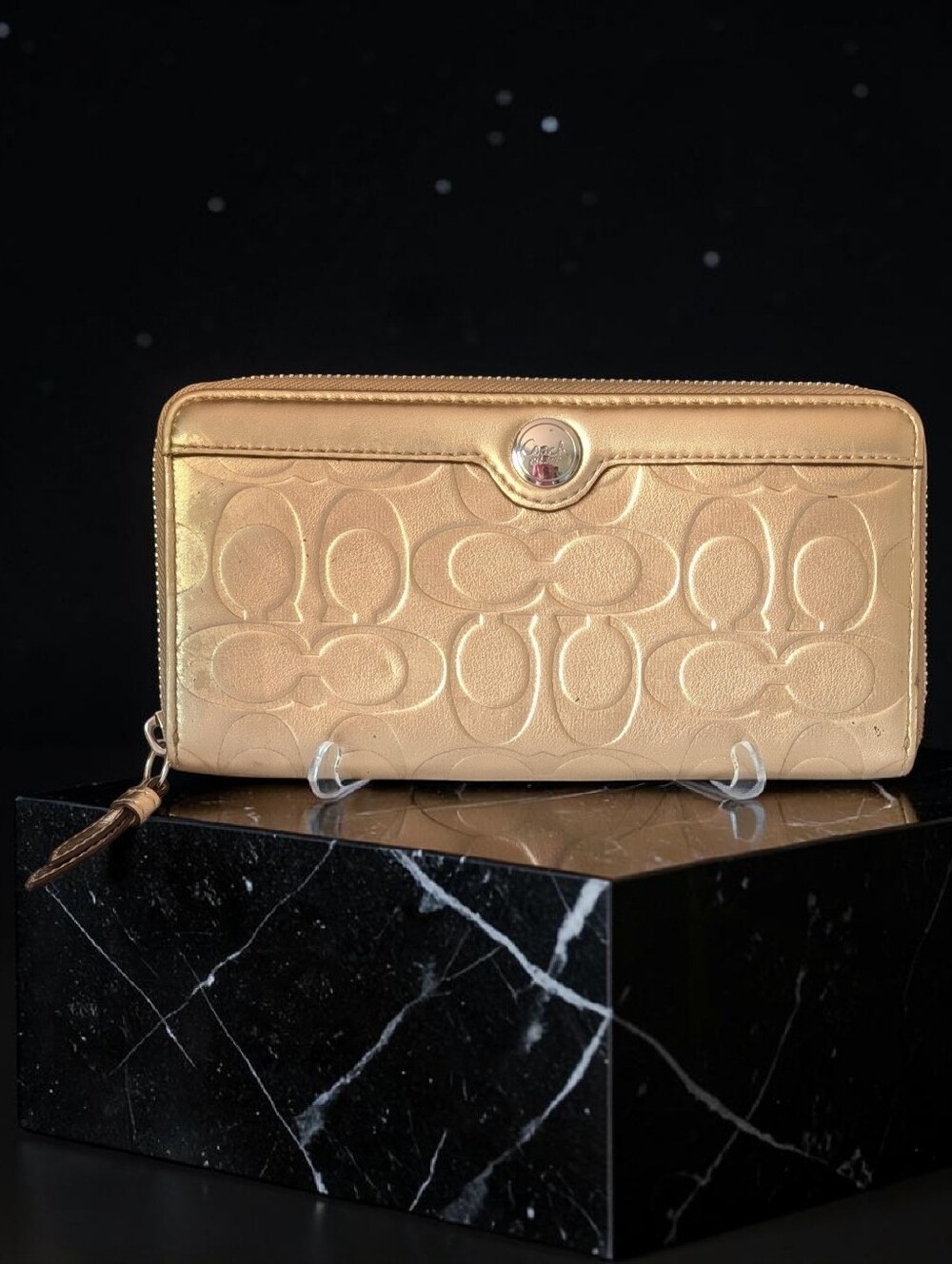 Coach Metallic Gold Embossed Signature Zip Around Wallet